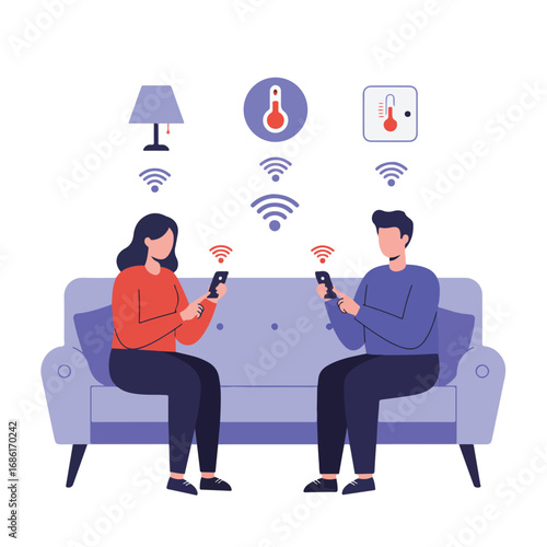 Two people sit on a couch using phones Above a lamp thermometer thermostat and wifi signals