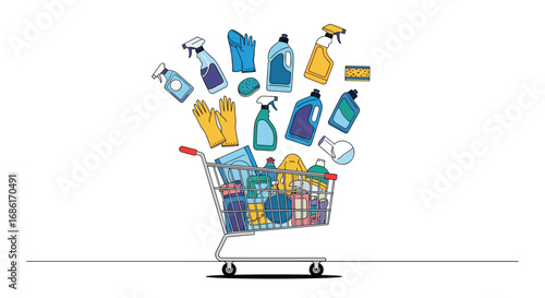 Illustrating a shopping cart overflowing with household cleaning products and supplies for a tidy home