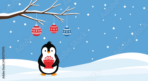 Charming pixel art penguin delivers a festive gift under a snowy winter sky decorated with ornaments