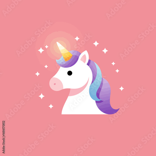 A cute, cartoon-style unicorn head with a colorful mane against a pink background.