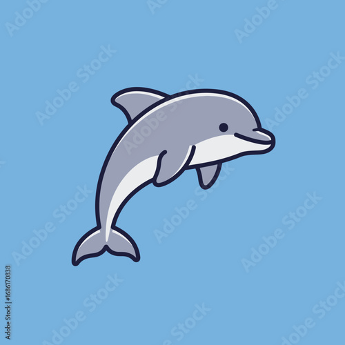 A cartoon dolphin is leaping against a blue background, showcasing a playful marine theme.