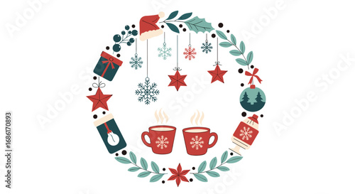 Charming winter holiday decoration featuring cozy hot drinks festive ornaments and natural elements for a warm and inviting seasonal atmosphere