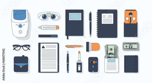 Collection of business professional desk items and office supplies for productivity and organization