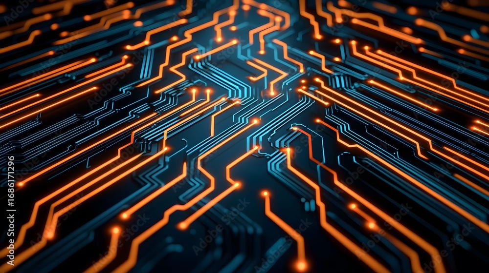Obraz premium The image shows an abstraction of a circuit board with glowing orange lines highlighting connections and blue lines showing the routes of the electrical current.