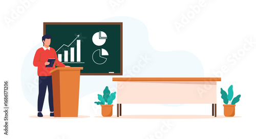 Engaging business presentation delivered by a confident speaker at a podium with educational charts on the board