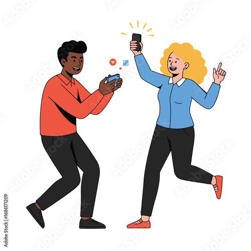Two people taking a selfie One holds a phone up smiling The other photographs