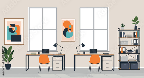 Modern office interior design with contemporary art and natural light enhancing productivity and collaboration among colleagues