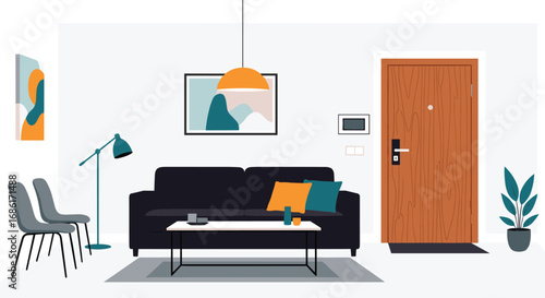 Modern apartment foyer and living area with comfortable seating and entryway elements