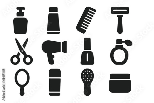 Personal care solid icons set. Flat filled grooming and beauty essentials. Vector illustration. Bathroom toiletries, cosmetics, hygiene, hairdressing and spa items silhouette.