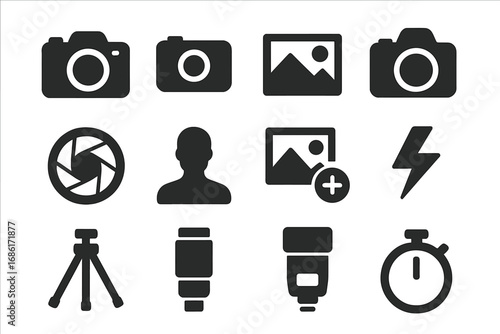 Photography and camera solid icons set. Photo equipment symbols collection. Vector glyph silhouette illustration of dslr, lens, flash, tripod, aperture, and gallery signs.