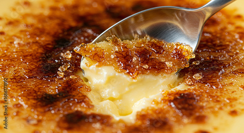 Close-up Shot of a Spoon Scooping into a Delicious Crème brûlée