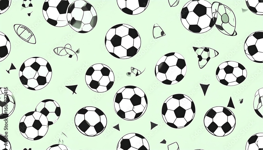 Obraz premium Repeating soccer ball pattern on a pale mint background with abstract shapes