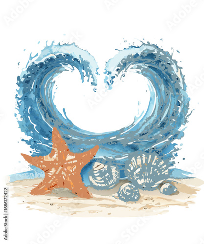 Heart shaped ocean wave embracing starfish and seashells on a sandy beach isolated on transparent background