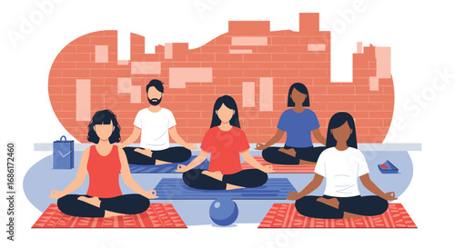 Group enjoying peaceful meditation session practicing mindfulness and inner calm in a serene urban setting promoting wellness and balance