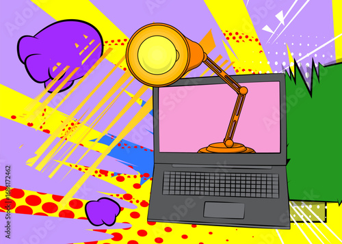 Cartoon Laptop, comic book Notebook with Office lamp. Retro vector comics pop art design.