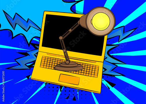 Cartoon Laptop, comic book Notebook with Office lamp. Retro vector comics pop art design.