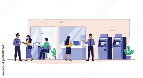 Financial institution interior featuring customers interacting with bank tellers and automated teller machines safely