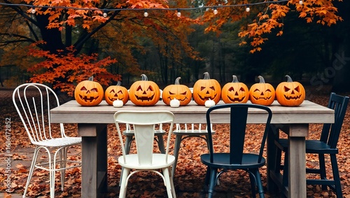 Row of carved jack o lanterns on a rustic table with autumn leaves and chairs
