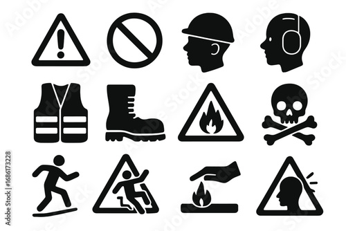 Safety and caution icons set. Silhouette warning symbols for accident prevention. Vector illustration of industrial and construction hazards, danger signs, and ppe equipment.