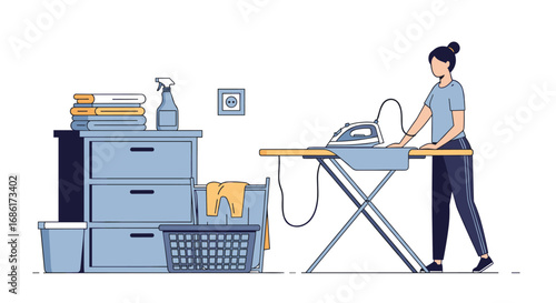 Woman ironing clothes on ironing board with laundry basket and storage unit detailed illustration flat design