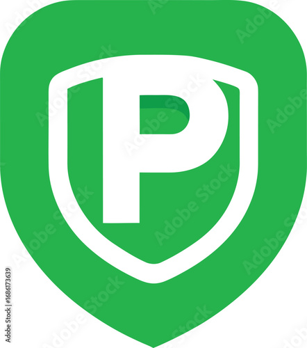Green shield with white letter p inside