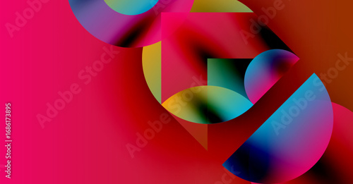 Abstract composition. Vivid colors blend, creating dynamic shapes. Red dominates, contrasted by blues, yellows, greens. Modern design.