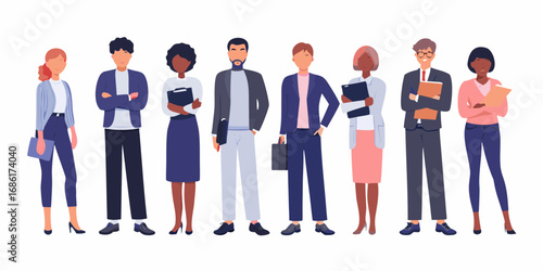 Diverse group of business professionals standing together in a line wearing smart casual attire