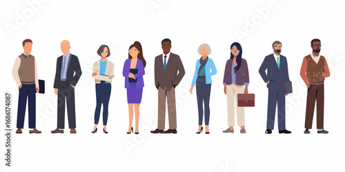Diverse group of professionals standing together in business attire on a white background