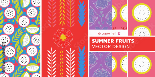 Vibrant summer fruits and abstract designs featuring dragon fruit and tropical elements