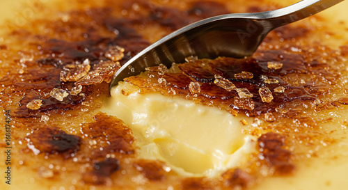 Savoring a decadent creme brulee, a spoon cracks the crisp, burnt sugar layer to reveal the rich vanilla custard