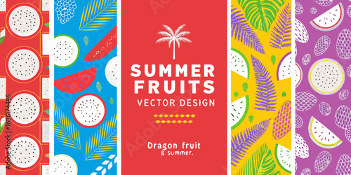 Vibrant summer fruits collection featuring dragon fruit and tropical leaves