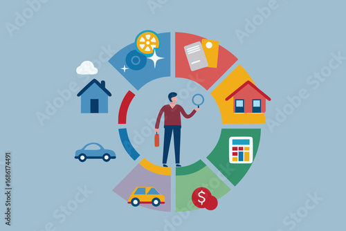 Man with magnifying glass examining a circular diagram of life expenses and assets like house car and money