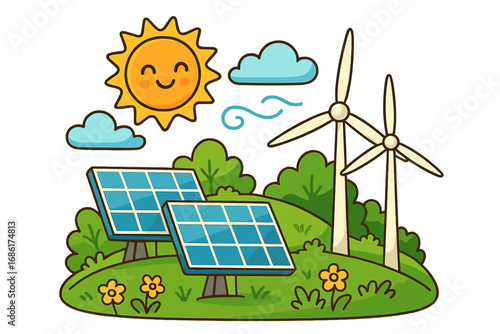Cartoon solar panels and wind turbines on a green hill. Renewable energy concept illustration. Eco friendly vector for ecology, sustainability, solar power and clean electricity.