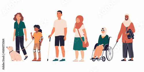 Diverse group of people with disabilities and a service dog standing together in a line