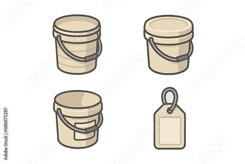 Isometric storage bucket icon set. Vector cartoon illustration of stackable utility pails with handle, lid, and label tag. Flat design container graphics for organization.