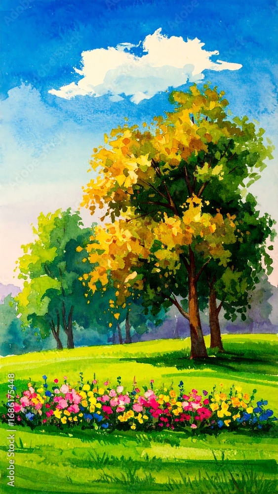Naklejka premium Colorful landscape painting with trees and flowers