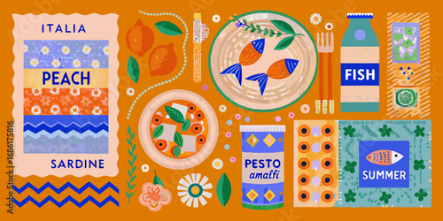 Italian summer food and flavors with peaches sardines and pesto amalfi