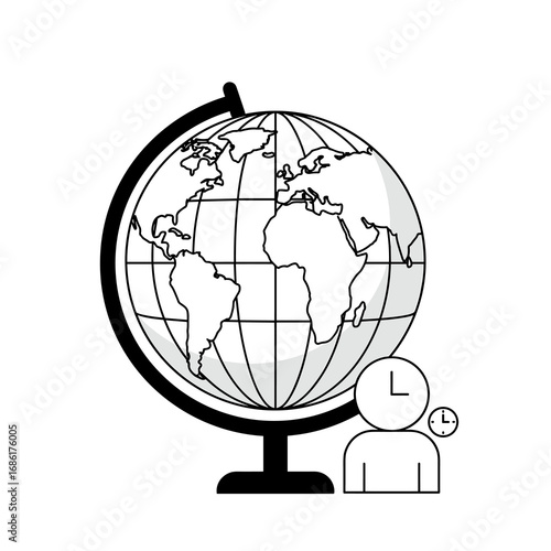 Simple globe line art with human and clock