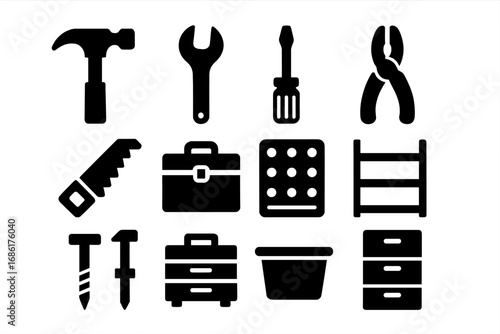 Tools and storage solid icons set. Vector glyph symbols for workshop, repair, and organization. Handyman equipment silhouettes like hammer, wrench, saw, toolbox, and cabinet.