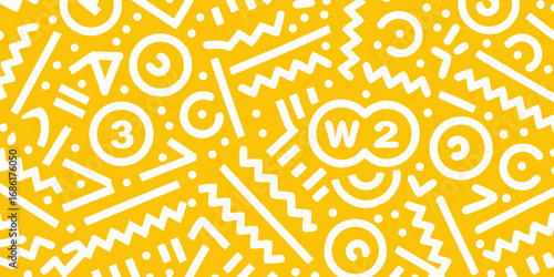 Whimsical retro pattern with geometric shapes and numbers on yellow background