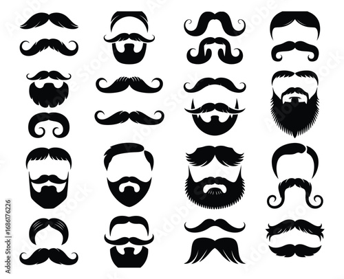 Collection of diverse mustache styles and beard designs for men, vector illustrations