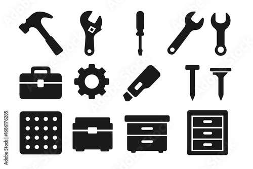 Tools and storage solid icons set. Workshop hardware for repair and construction. Hammer, wrench, screwdriver, toolbox, cabinet symbols. DIY equipment glyph vector collection.