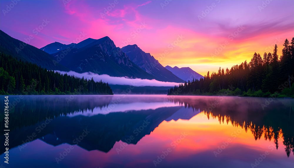 Fototapeta premium Serene Sunrise over Mountain Lake: An awe-inspiring sunrise paints the sky with vibrant colors, reflecting in the calm waters of a tranquil mountain lake, framed by majestic peaks and verdant forests.