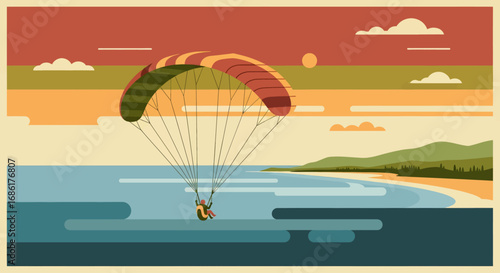 An eye-level shot captures a paraglider gracefully soaring over a serene ocean, with a picturesque coastline and a warm sunset in the background