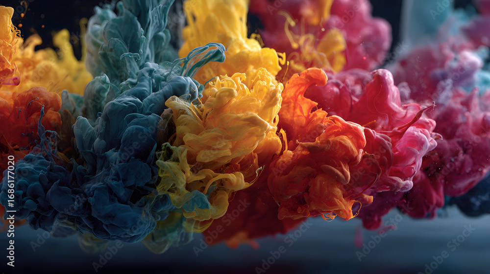 Fototapeta premium Vibrant colorful ink clouds swirling and merging in water creating abstract fluid art