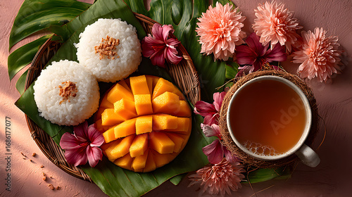 Wallpaper Mural Mango slices, sticky rice, and tea on a woven tray with flowers. Torontodigital.ca