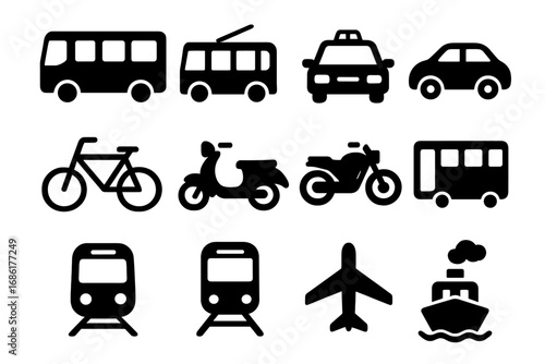 Transportation icons set. Solid glyph symbols for travel and commute. Public and private transport vehicle collection. Vector of car, bus, taxi, train, plane, ship, bike.