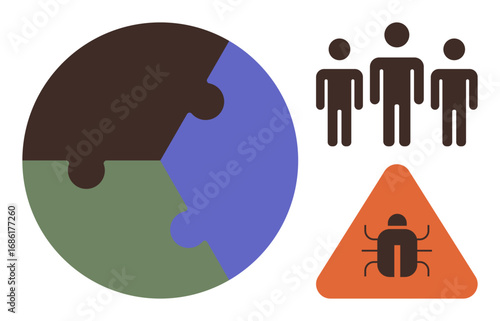 Puzzle-piece globe for unity, human figures for collaboration, and insect hazard triangle for environmental risks. Ideal for sustainability, teamwork, ecology, global issues, risk management