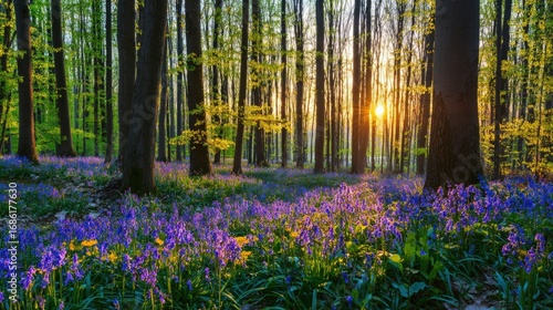 Sunlit forest floor carpeted with vibrant bluebells at sunset.