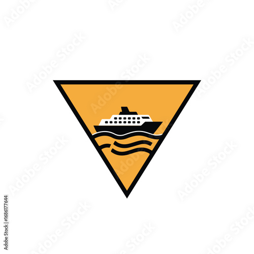 A blackbordered orange triangle houses a black ship graphic on black water